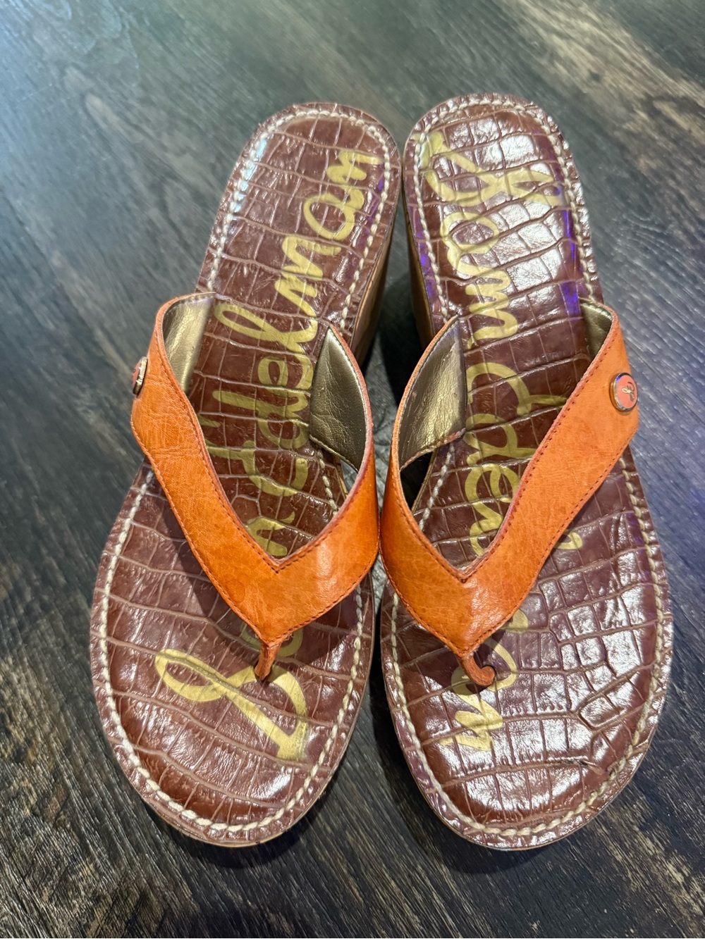 Sam Edelman Orange Leather Cork Wedge Thong Sandals Women’s